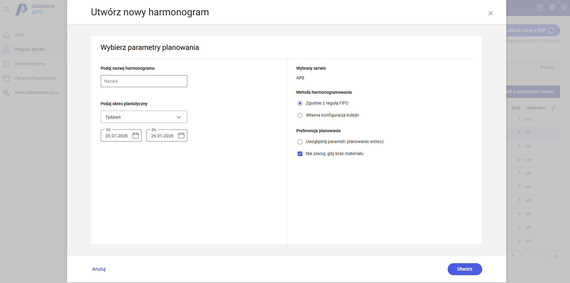 Parametr Nie planuj, gdy brak materiału