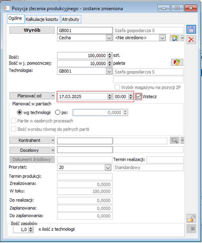 Ustawienie terminu planowania wstecz w systemie Comarch ERP XL