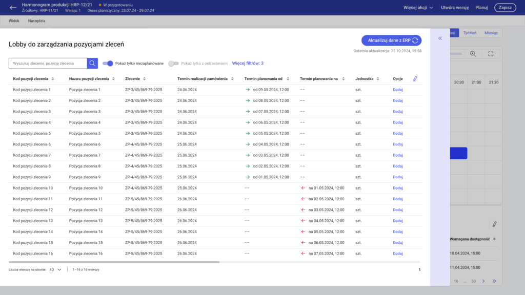 Termin planowania od/na na liście pozycji zleceń w wysuwanym lobby