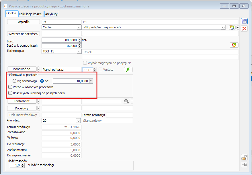 Konfiguracja planowania w partiach na pozycji zlecenia w Comarch ERP XL