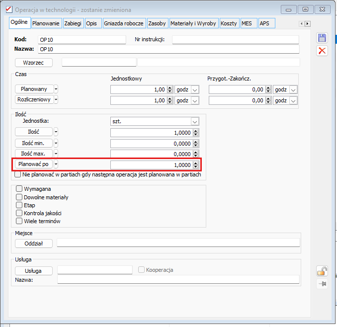 Konfiguracja planowania w partiach dla operacji w Comarch ERP XL