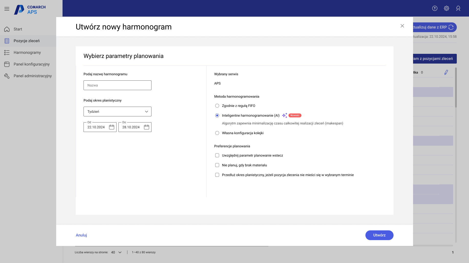 Nowa metoda harmonogramowania w oknie tworzenia harmonogramu