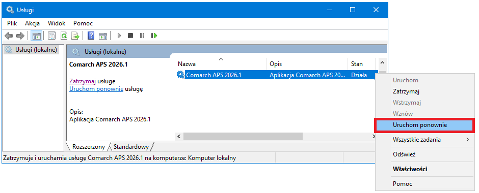 Przykład ponownego uruchomienia usługi Comarch APS 2026.1 poprzez wybranie opcji Uruchom ponownie z menu kontekstowego