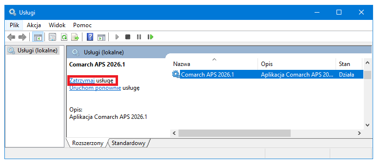 Przykład zatrzymania usługi Comarch APS 2026.1 poprzez wybranie opcji Zatrzymaj po lewej stronie okna Usługi