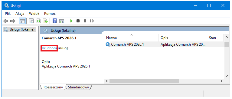 Przykład uruchomienia usługi Comarch APS 2026.1 poprzez wybranie opcji Uruchom po lewej stronie okna Usługi