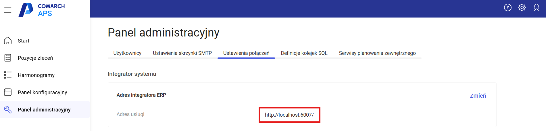 Przykład ustawionego adresu integratora ERP