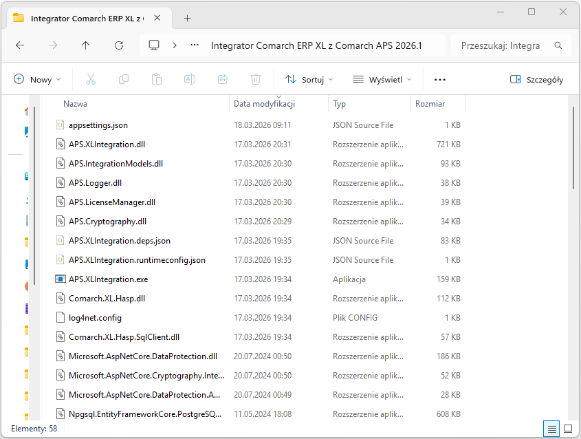 Plik appsettings.json znajdujący się w folderze Integrator Comarch ERP XL z Comarch APS 2026.1