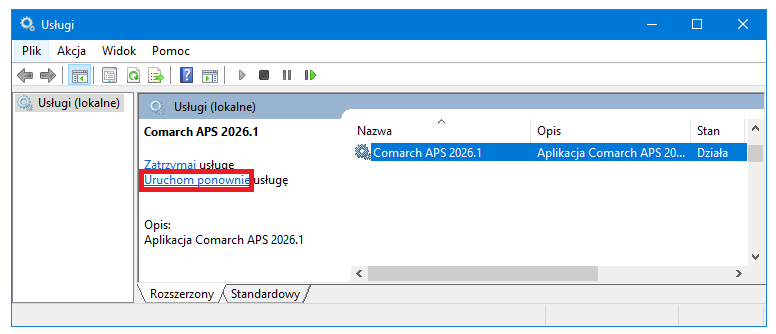Przykład resetowania usługi Comacrh APS 2026.1 z poziomu Usługi za pomocą lewego panelu