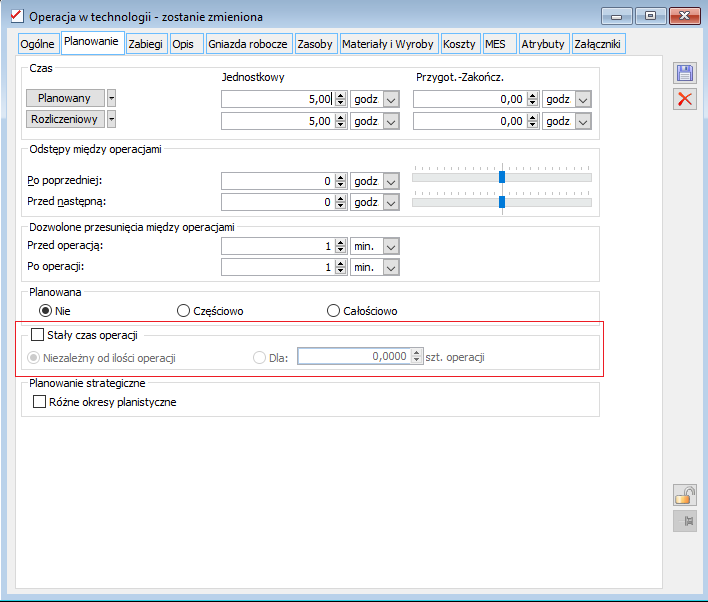 Konfiguracja stałego czasu operacji na operacji w technologii w Comarch ERP XL