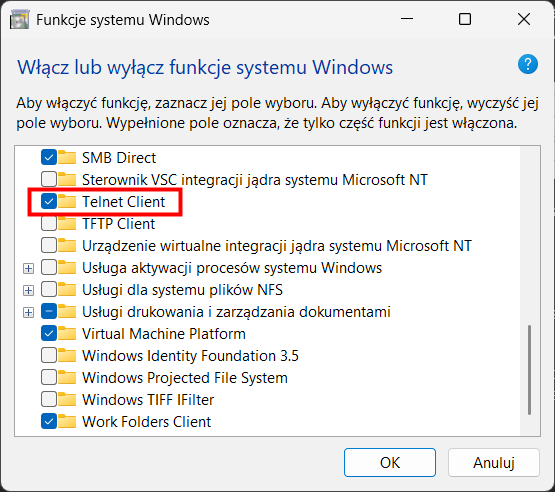 Okno Włącz lub wyłącz funkcje systemu Windows