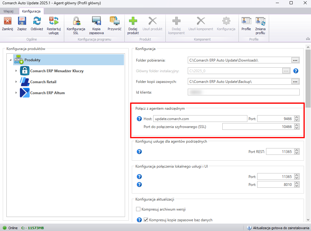 Okno konfiguracji w Comarch Auto Update nadrzędnym