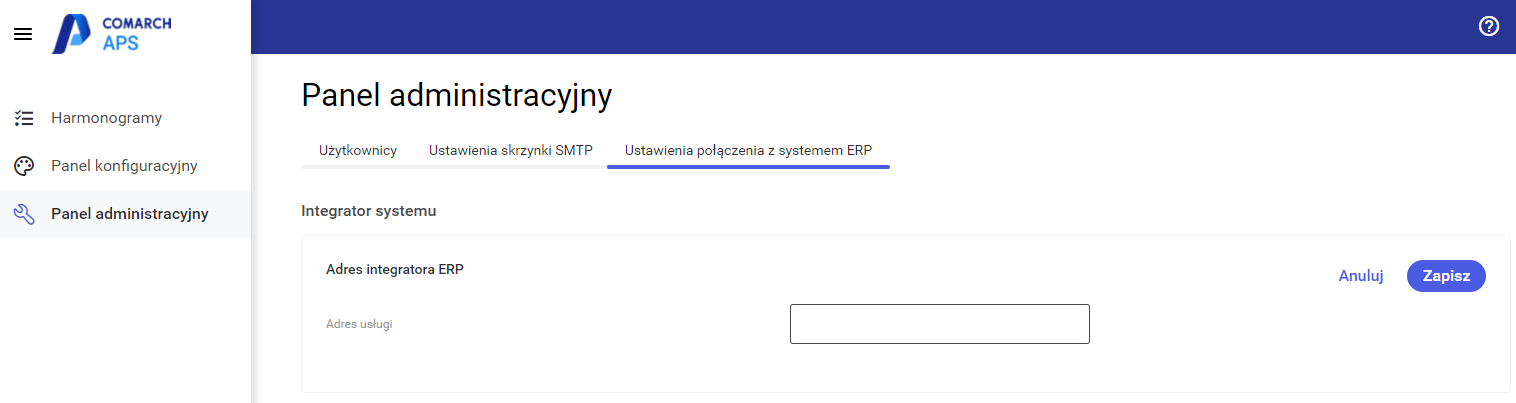 Pole: Adres usługi, służące wskazaniu adresu integratora ERP.