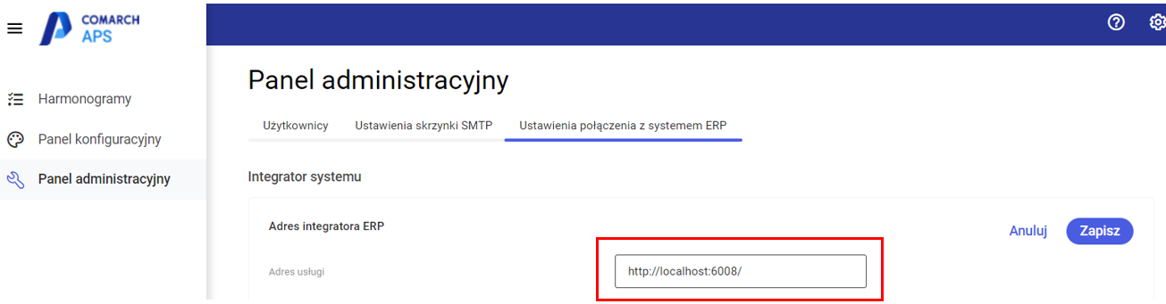 Wprowadzenie adresu usługi do Comarch APS z pliku: appsettings.json.