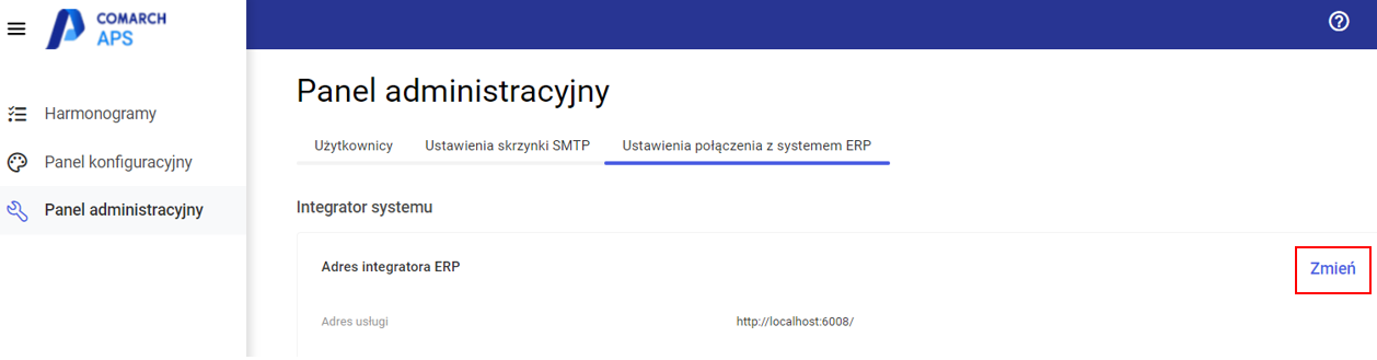 Przycisk: Zmień, po naciśnięciu którego można zmodyfikować adres usługi integratora z systemem ERP.