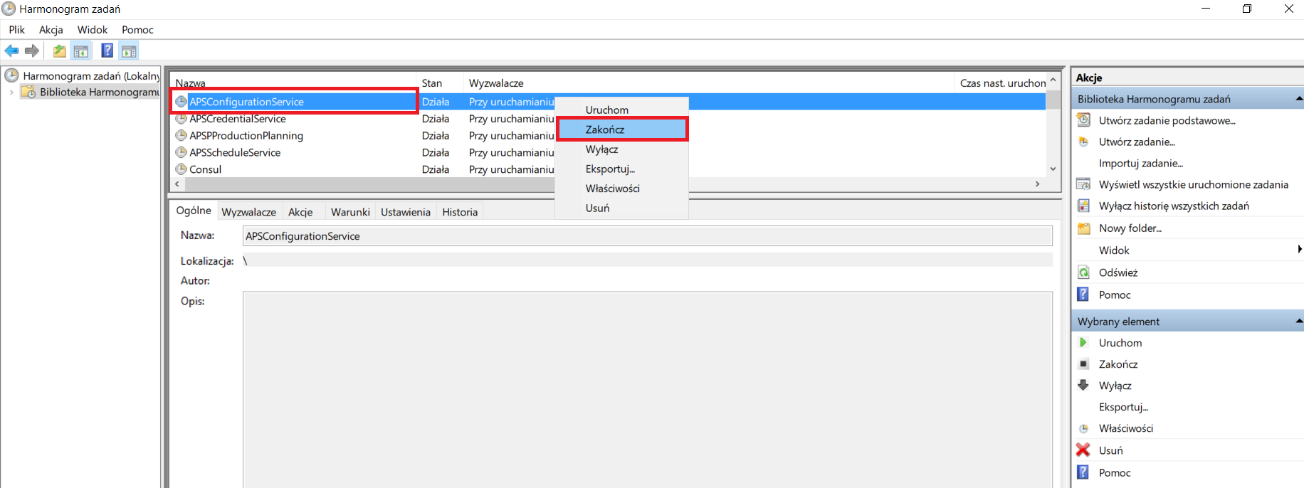 Przykład zakończenia usługi APSConfigurationService z poziomu Harmonogram zadań poprzez wybranie opcji z menu kontekstowego