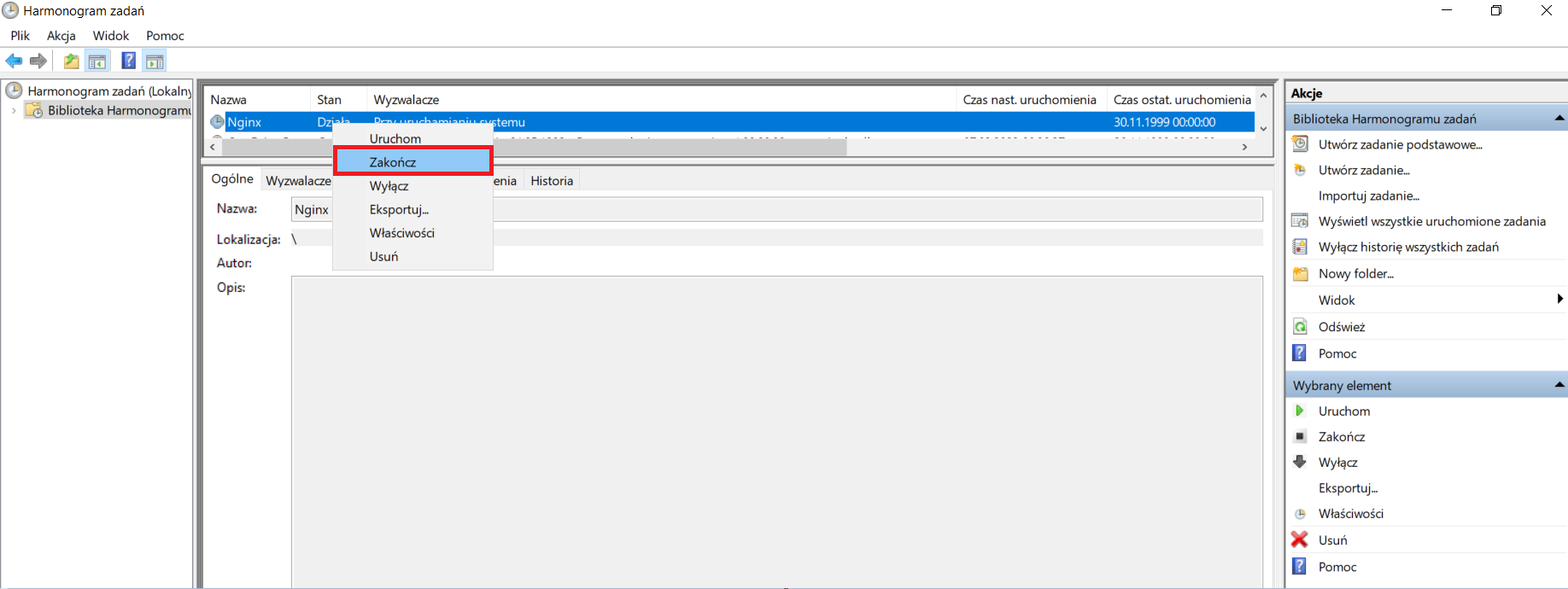 Przykład zakończenia usługi Nginx z poziomu Harmonogram zadań poprzez wybranie opcji z menu kontekstowego