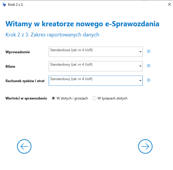  Okno kreowania sprawozdania dla jednostki mikro