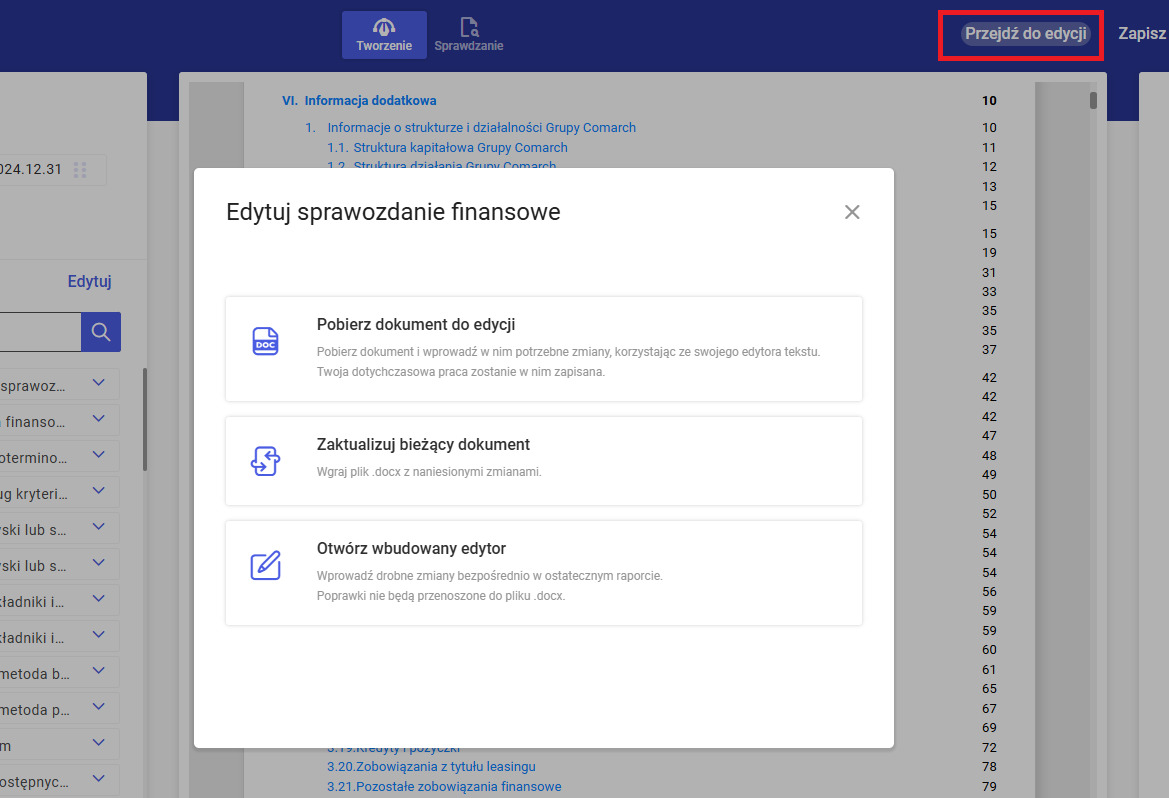 Opcje edycji sprawozdania