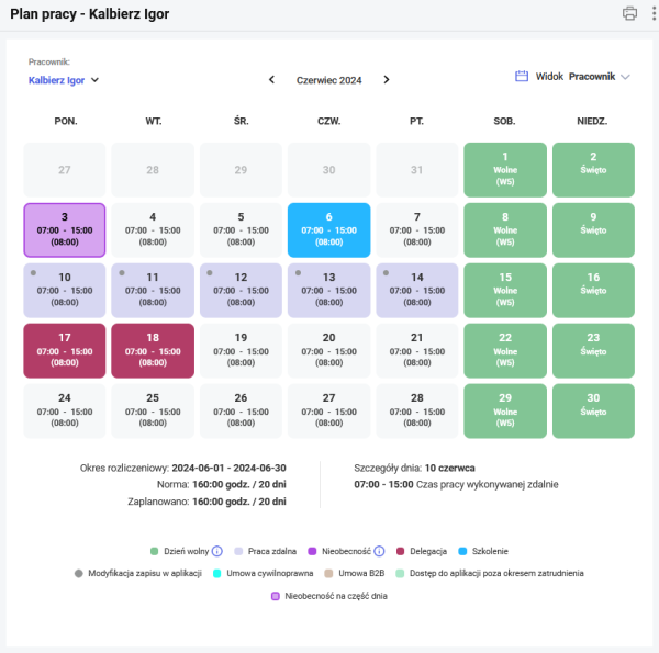 Plan pracy – Kalendarz – Baza wiedzy Comarch HRM