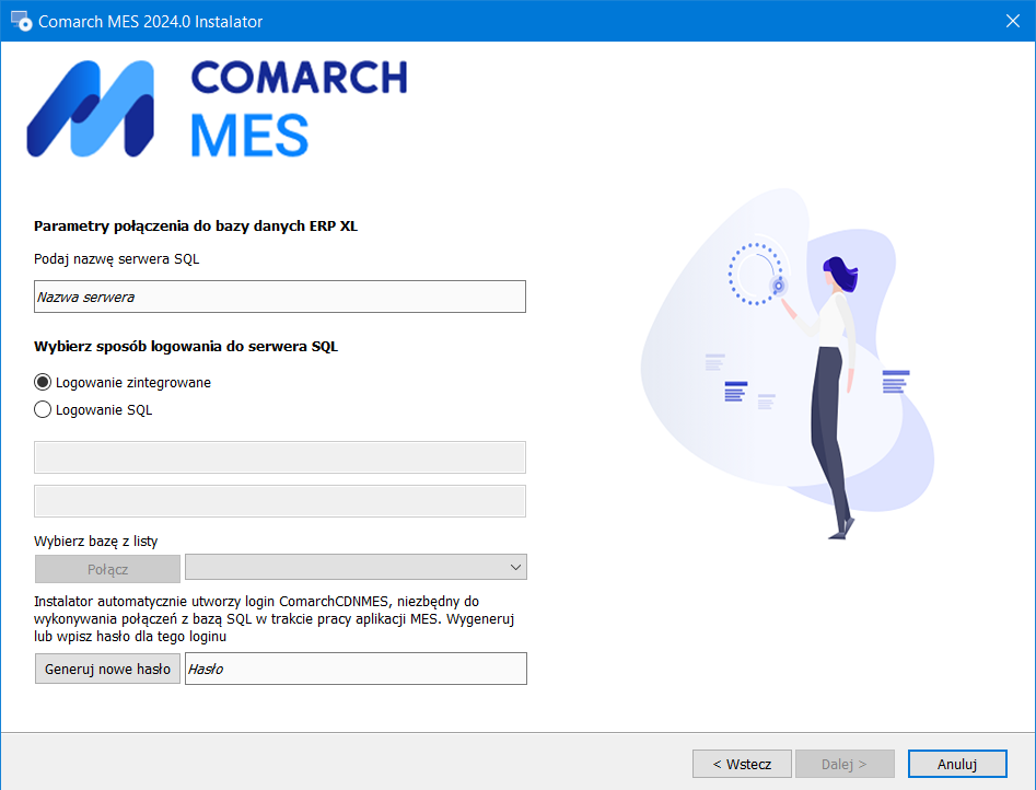 Wskazanie serwera MS SQL Server oraz bazy danych współpracującej z MES