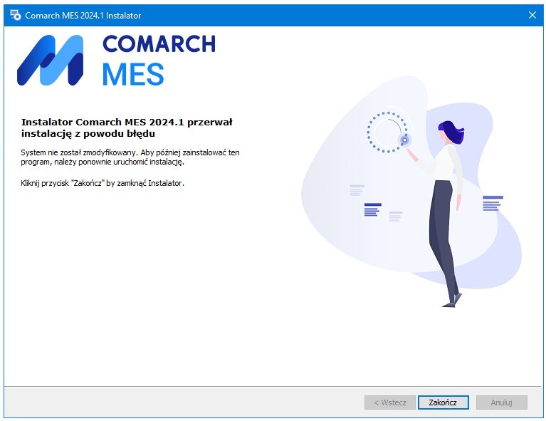 Okno instalatora – informacja o przerwaniu instalacji