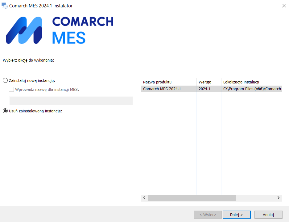 Wykrycie przez kreator wcześniejszej instalacji Comarch MES