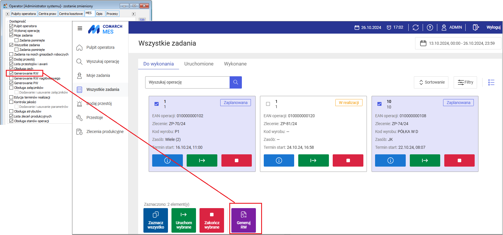 Dostępność w MES opcji do generowania dokumentów RW z poziomu listy operacji do wykonania, przy zaznaczonym parametrze: Generowanie RW. Widok dla „kafelków”