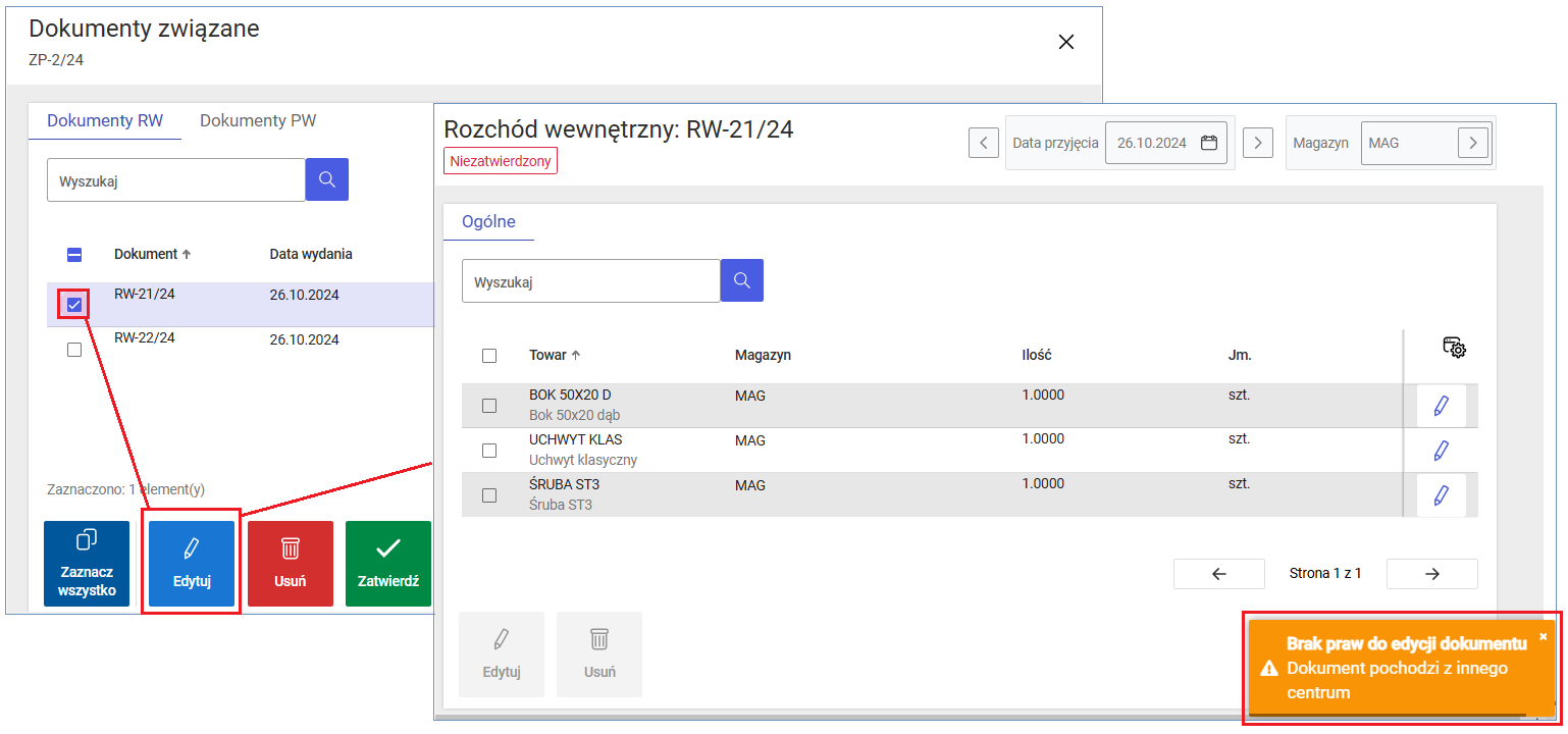 Próba edycji dokumentu RW w przypadku braku praw operatora do edycji dokumentu z innego centrum