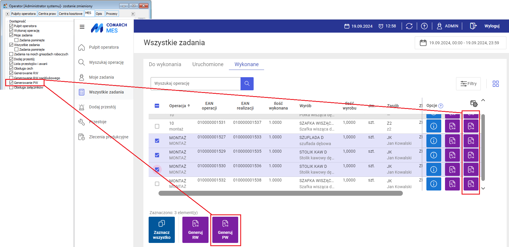 Dostępność w MES opcji do generowania dokumentów PW z poziomu listy operacji wykonanych, przy zaznaczonym parametrze: Generowanie PW