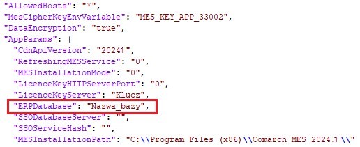 Nazwa bazy danych Comarch MES