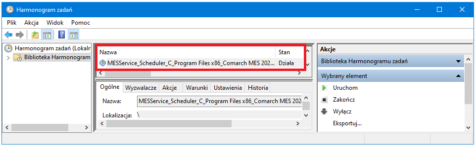 Stan działania usługi MESService_Scheduler_(lokalizacja instalacji) z poziomu Harmonogram zadań