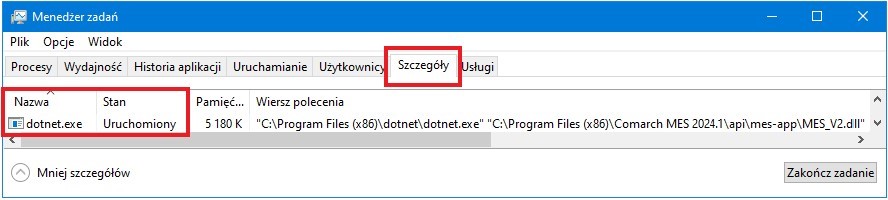 Proces dotnet.exe na zakładce Szczegóły z poziomu aplikacji Menedżer zadań