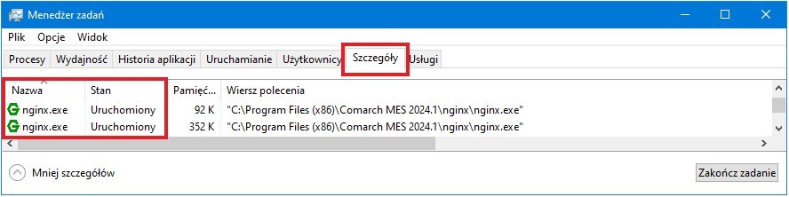  Procesy nginx.exe na zakładce Szczegóły z poziomu aplikacji Menedżer zadań