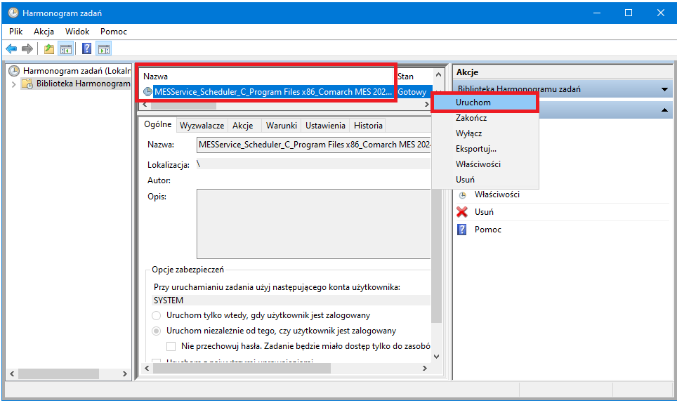 Przykład uruchomienia usługi MESService_Scheduler_(nazwa_instalacji) z poziomu Harmonogram zadań poprzez wybranie opcji z menu kontekstowego