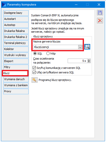 Okno Parametry komputera na zakładce Klucz