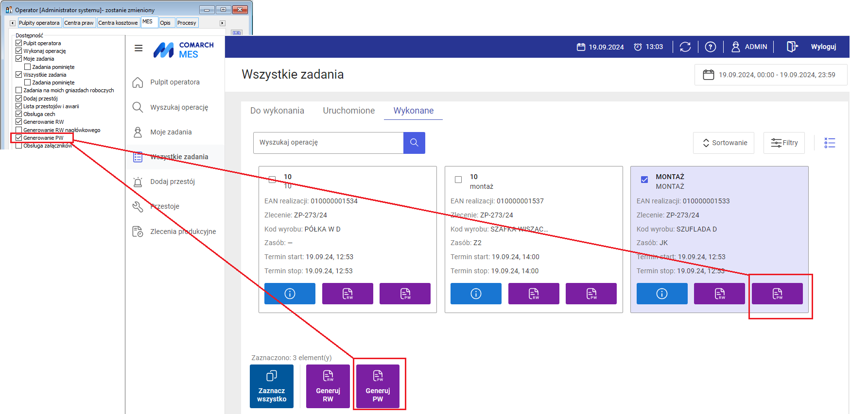 Dostępność w MES opcji do generowania dokumentów PW z poziomu listy operacji wykonanych, przy zaznaczonym parametrze: Generowanie PW. Widok dla „kafelków”