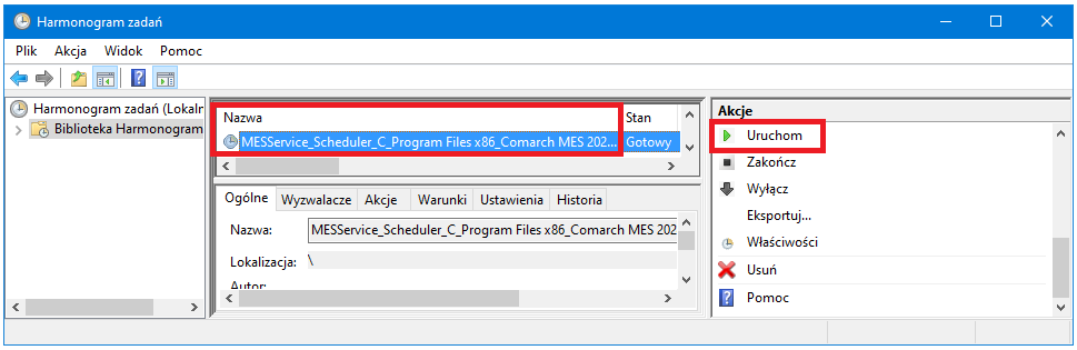 Przykład uruchomienia usługi MESService_Scheduler_(nazwa_instalacji) poprzez wybranie opcji z sekcji Wybrany element z poziomu Harmonogram zadań