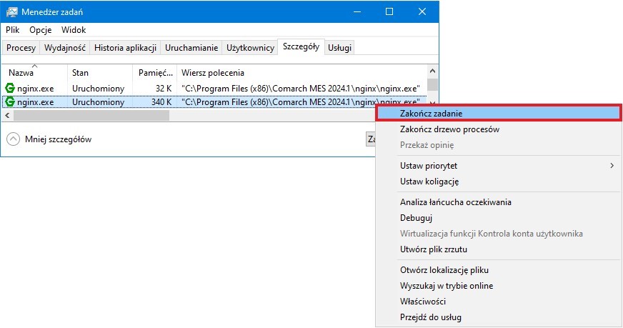 Przykład zakończenia usług nginx.exe z poziomu Menedżer zadań poprzez wybranie opcji z menu kontekstowego