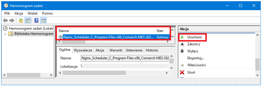 Przykład uruchomienia usługi Nginx_Scheduler_(nazwa_instalacji) poprzez wybranie opcji z sekcji Wybrany element z poziomu Harmonogram zadań