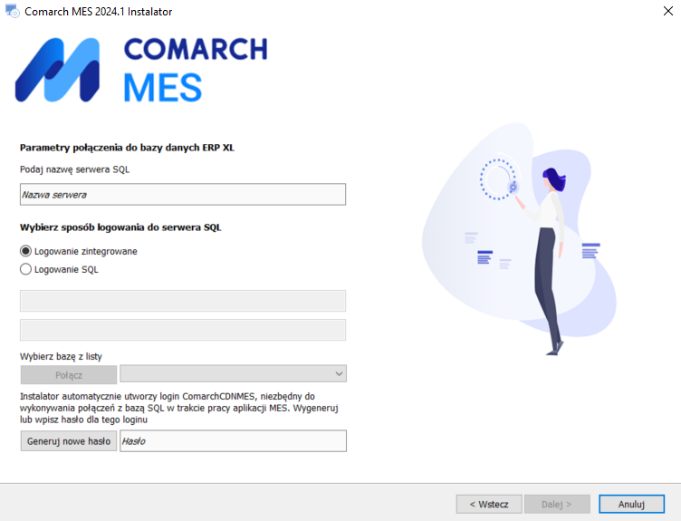 Wskazanie serwera MS SQL Server oraz bazy danych współpracującej z MES