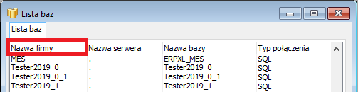 Nazwa firmy bazy Comarch ERP XL, wyświetlana w Menedżerze baz