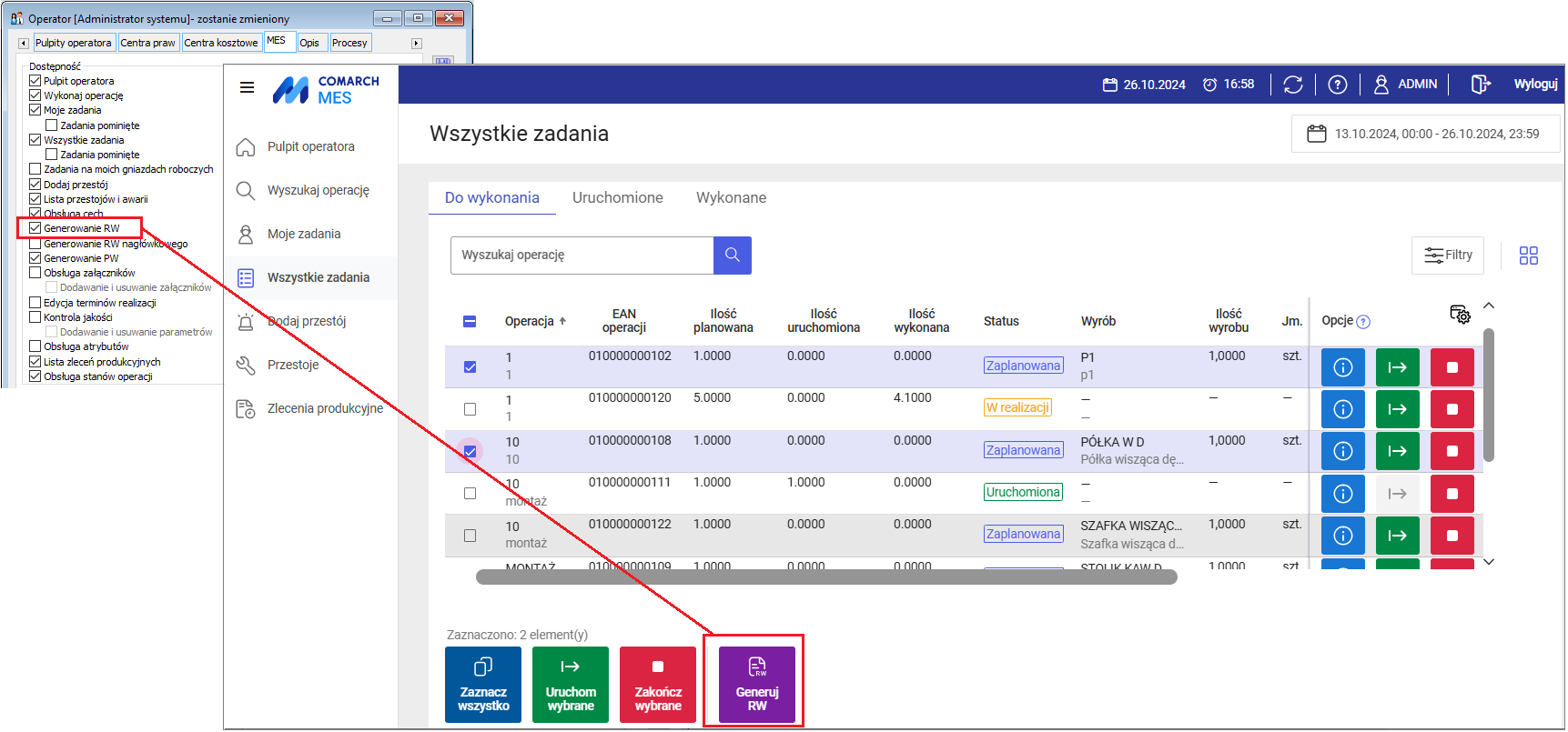 Dostępność w MES opcji do generowania dokumentów RW z poziomu listy operacji do wykonania, przy zaznaczonym parametrze: Generowanie RW