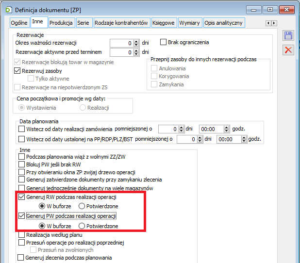 Parametry decydujące o automatycznym generowaniu dokumentów RW i PW, podczas rejestracji realizacji operacji