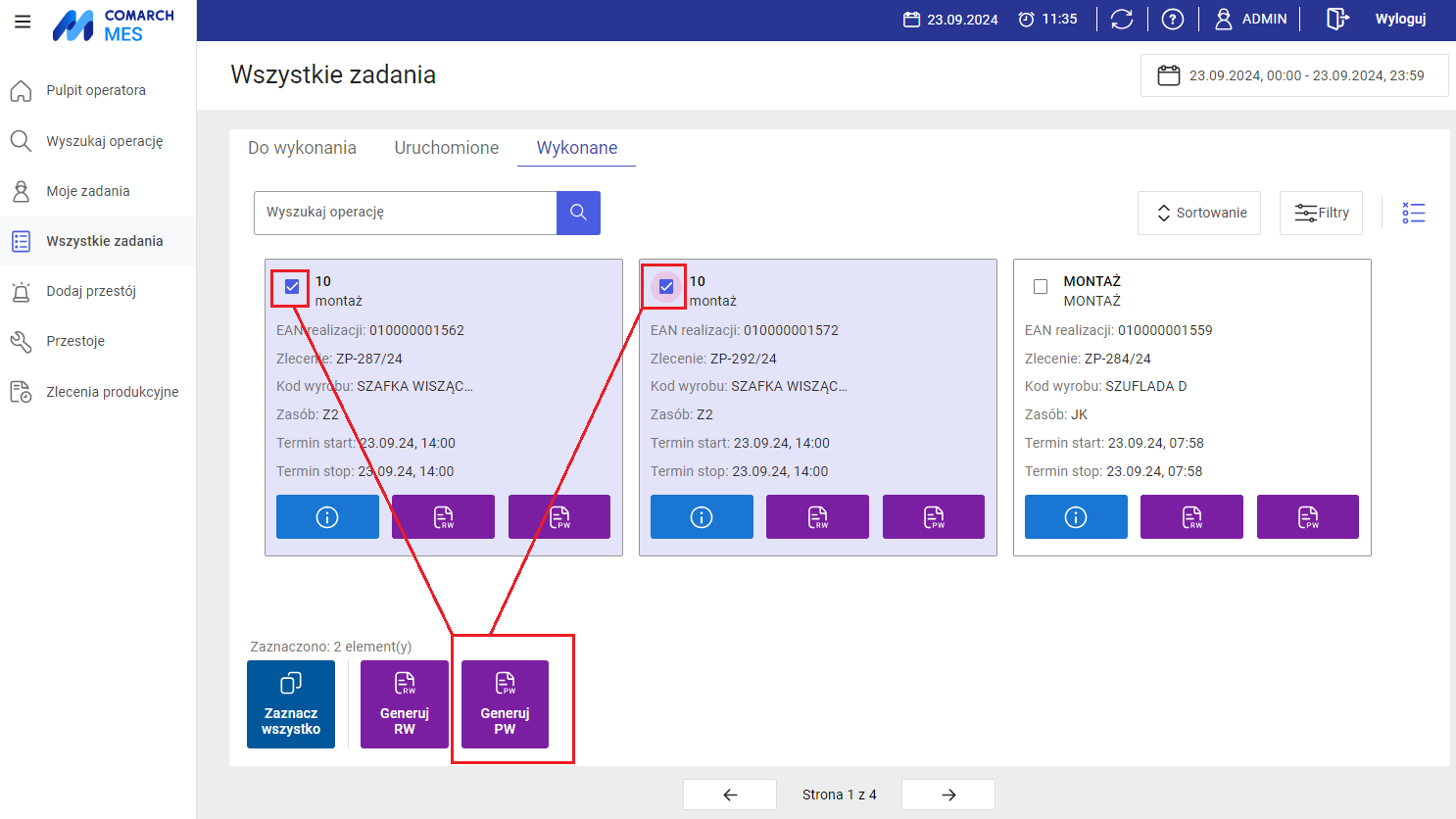 Generowanie dokumentów PW z listy operacji do wykonania, dla zaznaczonych operacji, gdy są one wyświetlone jako „kafelki”