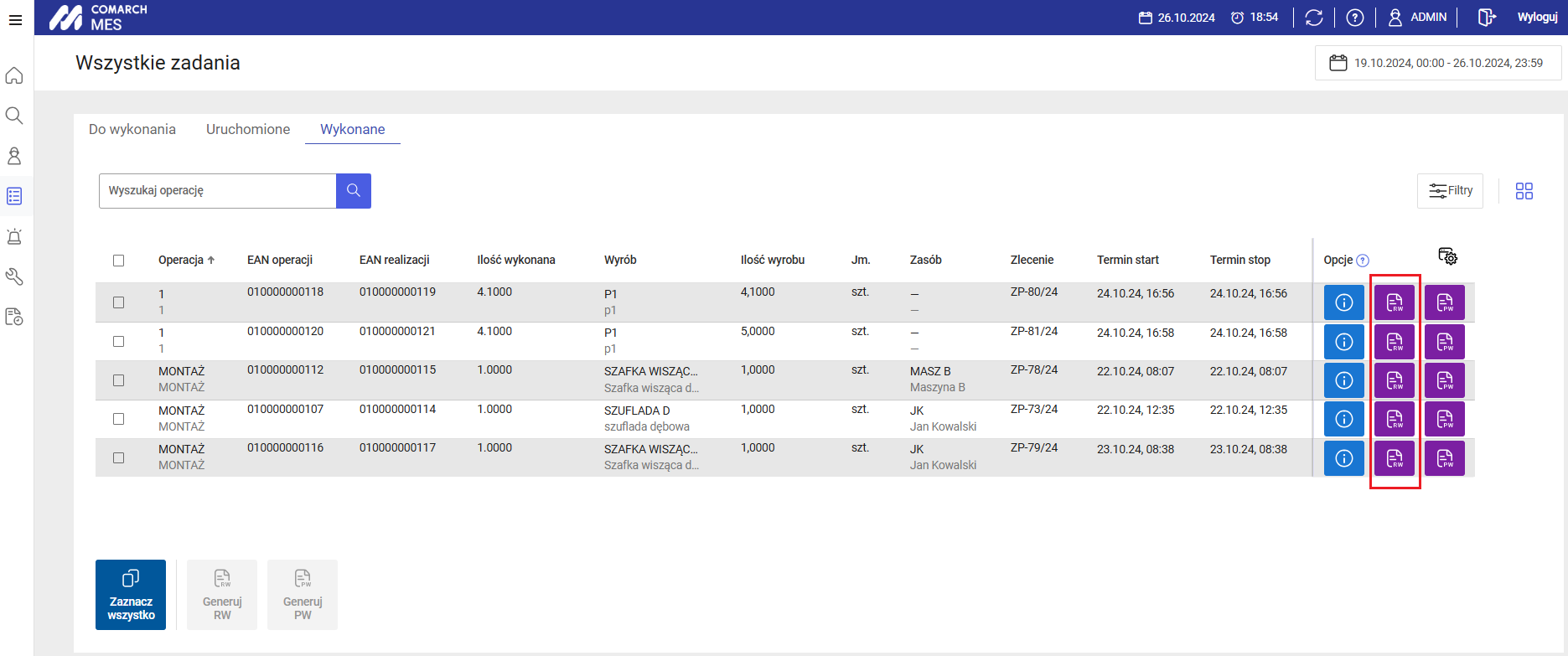 Przycisk umożliwiający generowanie dokumentu RW dla pojedynczej operacji z listy operacji wykonanych