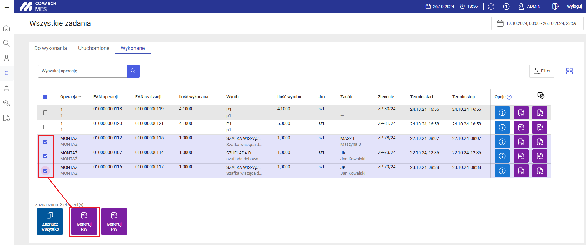 Generowanie dokumentu RW do wielu operacji wykonanych następuje poprzez ich zaznaczenie i wybranie opcji: Generuj RW