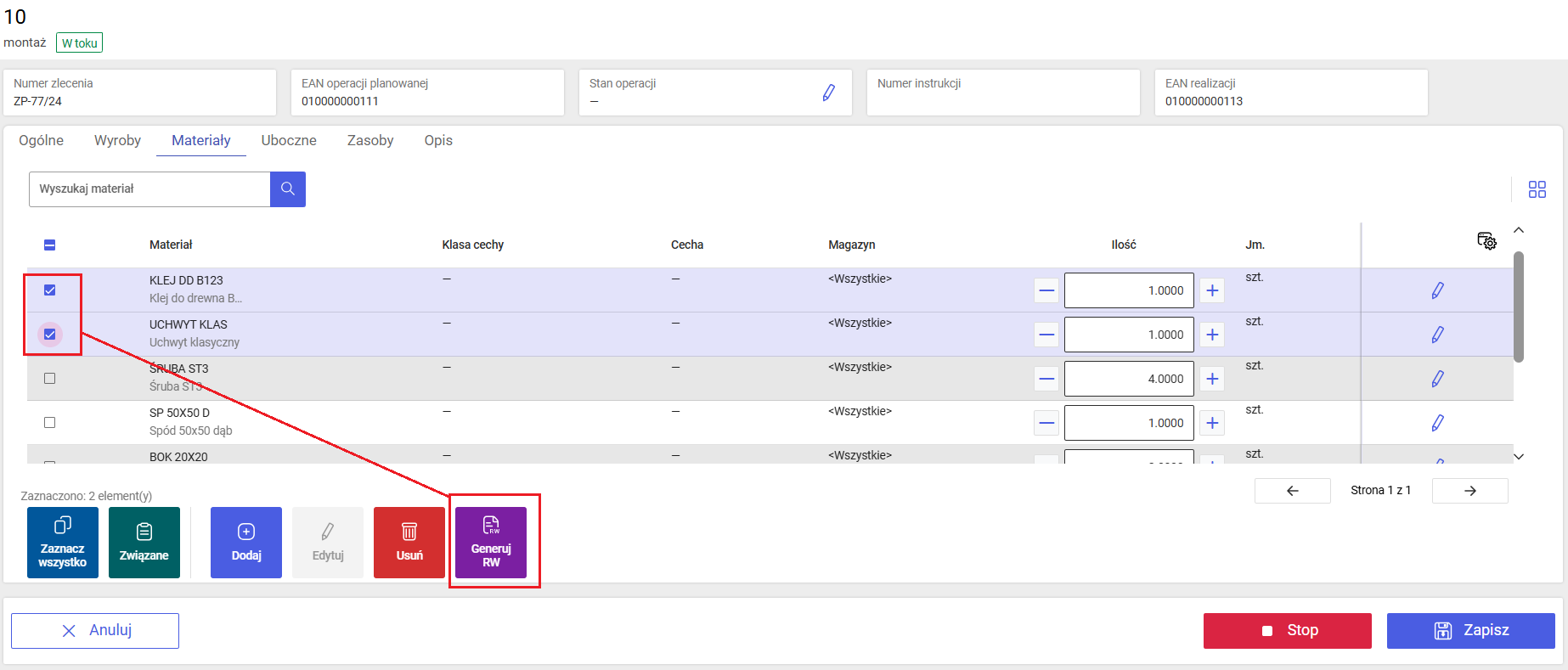 Generowanie dokumentu RW na wybrane materiały