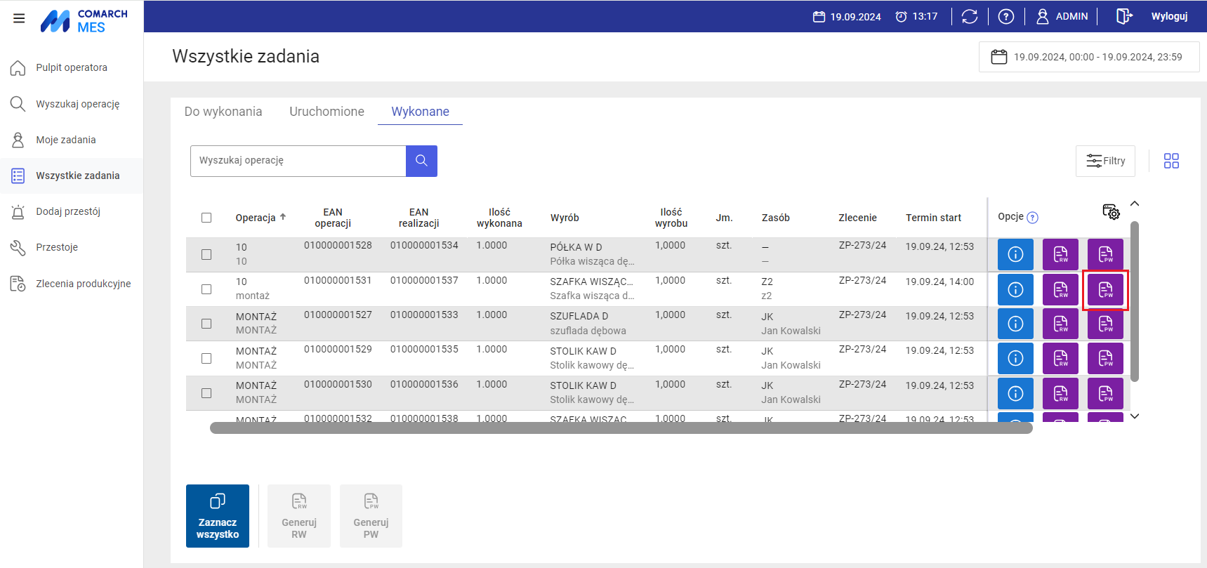 Przycisk umożliwiający generowanie dokumentu PW dla pojedynczej operacji wykonanej