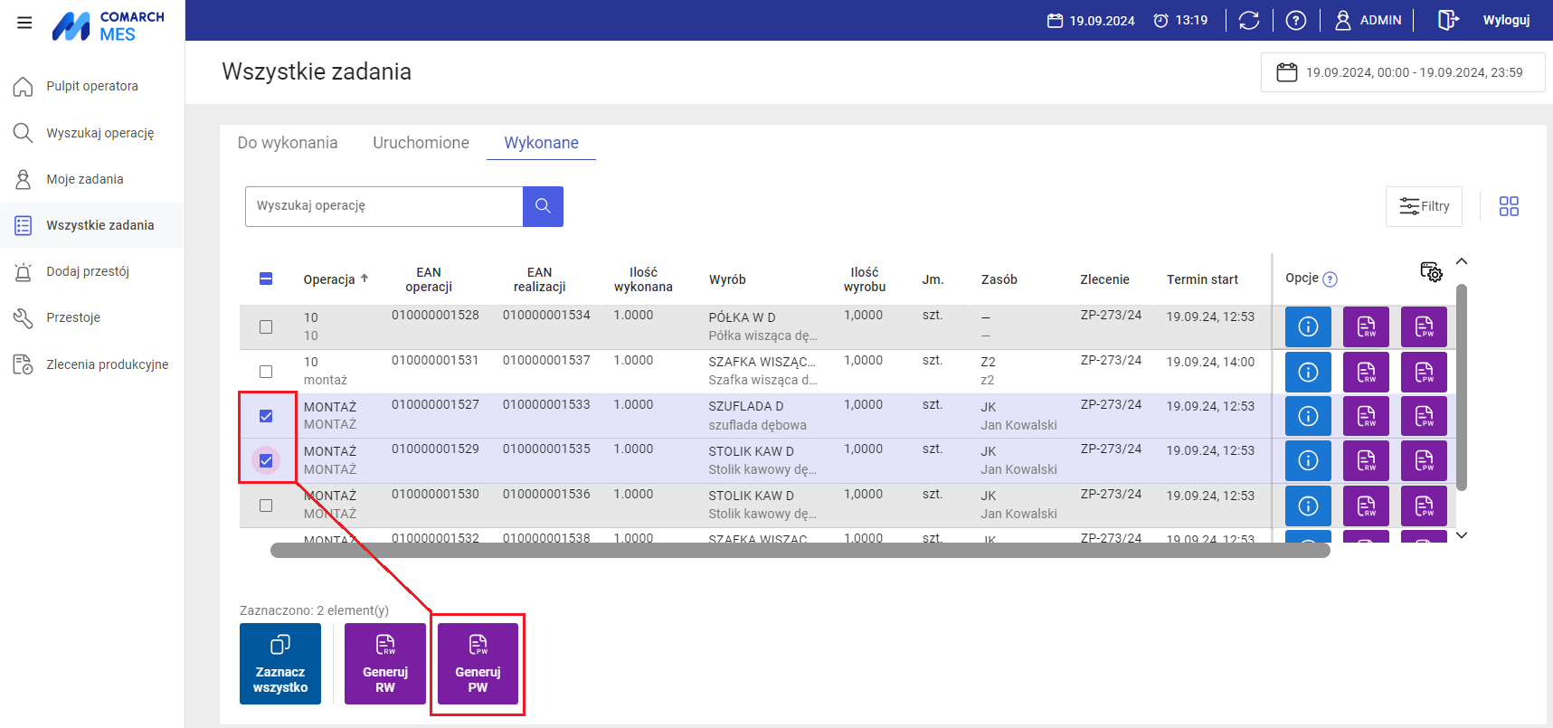 Generowanie dokumentu PW dla wielu operacji jest możliwe po ich zaznaczeniu