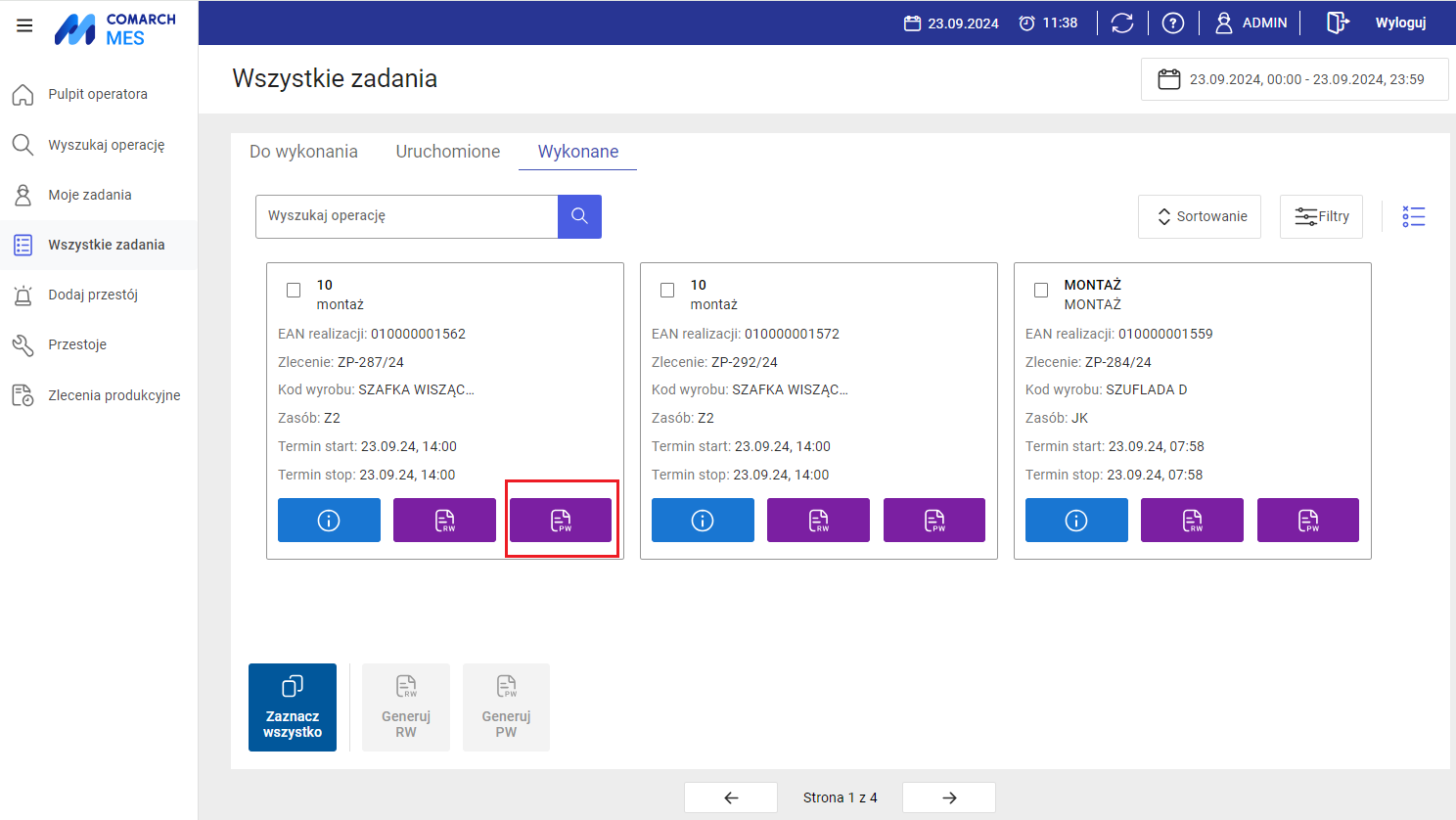 Opcja generowania dokumentu PW dla pojedynczej operacji, gdy operacje wyświetlone są jako „kafelki”